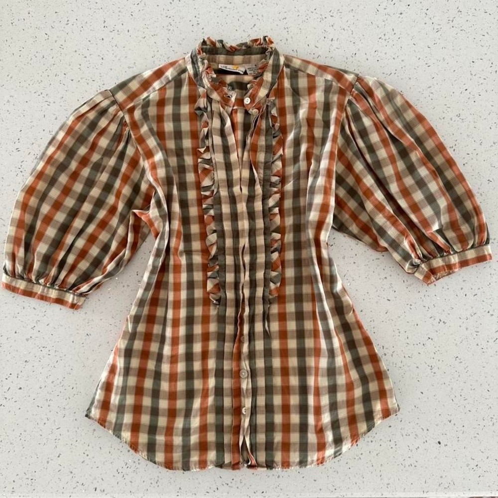 Liz Claiborne Vintage Ruffle Gingham‎ Plaid Puff Sleeve Blouse Orange Brown
